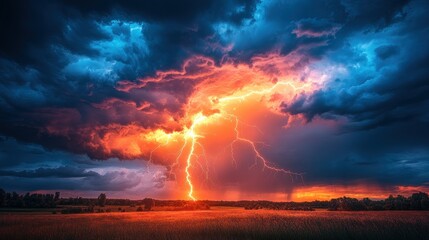 Obraz premium Powerful storm with vibrant lightning illuminates a landscape. Fierce lightning bolt cuts through dramatic clouds. Sunset colors blend with stormy skies over a field