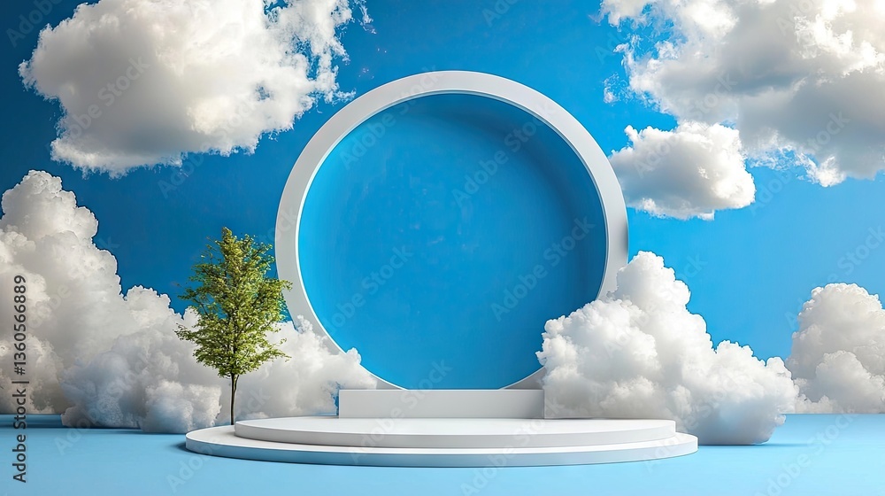 Poster minimalist blue background with floating fluffy white clouds surrounding a circular shape.