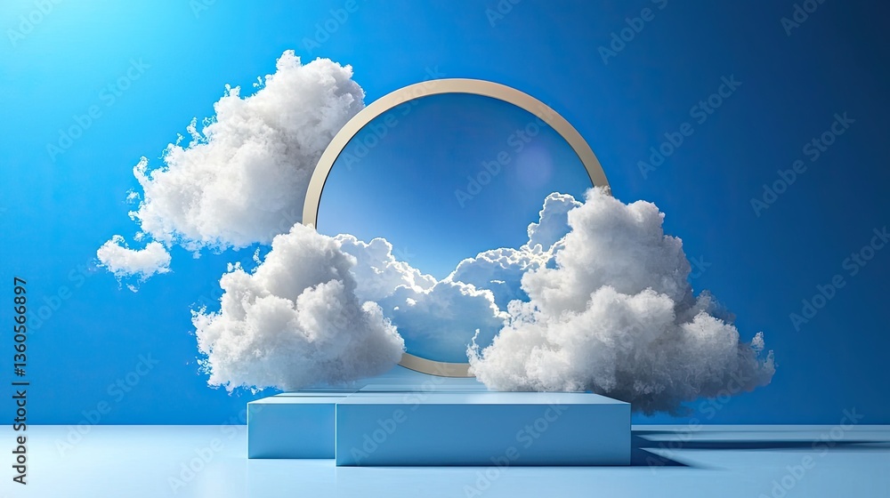 Aufkleber minimalist blue background with floating fluffy white clouds surrounding a circular shape.
