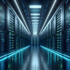 Fototapeta premium Realistic digital illustration of a modern data center, illuminated by blue and neon lights, showcasing server racks and advanced cooling systems. AI-generated artwork, no people present.