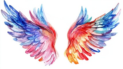 Obraz premium Vibrant Watercolor Wings Artistic Bird Feathers Colorful Design Fantasy Illustration Red Blue Pink Orange Yellow Gradient Paint Strokes Artistic Wings
