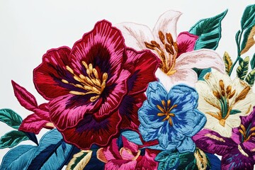Intricate embroidery showcasing vibrant flowers in rich colors, a stunning textile art.