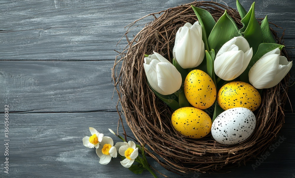 Poster festive easter nest with colorful eggs and fresh tulips on a rustic wooden background for spring cel