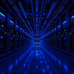 Realistic digital illustration of a modern data center, illuminated by blue and neon lights, showcasing server racks and advanced cooling systems. AI-generated artwork, no people present.