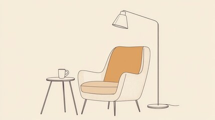 Fototapeta premium A simple line drawing shows a comfy armchair, a small table with a cup, and a floor lamp. It's a Scandinavian-style illustration. 