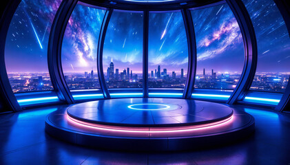 A futuristic city nightscape viewed from a circular observation deck, bathed in cool blue and pink neon light, showcasing a breathtaking view of shooting stars and a vibrant cityscape.
