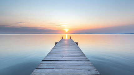 Obraz premium Serene Wooden Pier Leading to a Stunning Sunrise Over Calm Ocean Waters – A Peaceful and Scenic Coastal View with Soft Pastel Hues