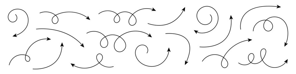 Hand drawn curved arrows. Set of hand drawn arrows.