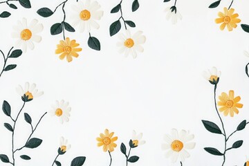 Obraz premium Embroidered floral frame with white and yellow daisies on a white background, perfect for spring or summer designs.