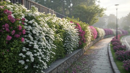 Obraz premium Blooming hedge of pink and white flowers along sidewalk