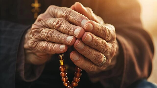 Elderly hands clasped in prayer with prayer beads during sunset at a serene location