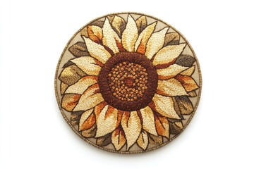 Obraz premium Intricate embroidered sunflower artwork on circular fabric, showcasing warm earthy tones and detailed stitching.