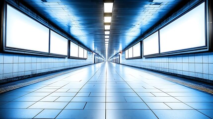 A long tunnel with signs and bright lights stretches into the distance
