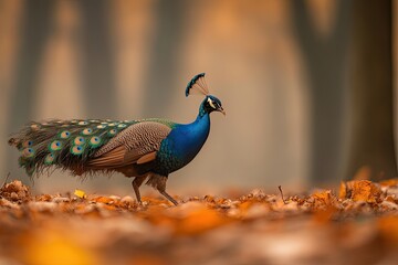 Obraz premium A giraffe, adorned with a blue tail and green feathers, walks down a road