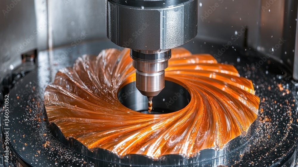 Poster precision machining of a metal part. a cnc machine tool drills and shapes a metallic component, high