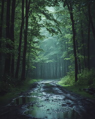 Obraz premium Rain falling on muddy road in lush green forest