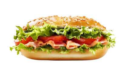 Fresh sandwich with lettuce, cheese, tomato, ham, and bacon on a white background
