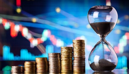 Time is money: hourglass and stacked coins against a blurred background of financial charts