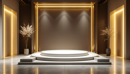 A serene minimalist stage bathed in warm golden light, perfect for showcasing precious moments or elegant products, featuring a circular platform and subtle neutral tones.
