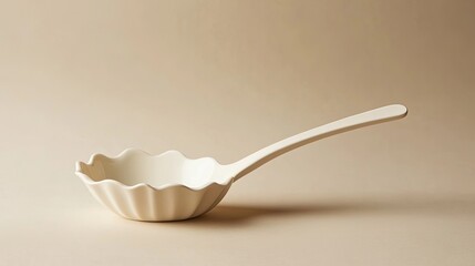 A decorative soup ladle with a matte ivory finish and scalloped edge bowl