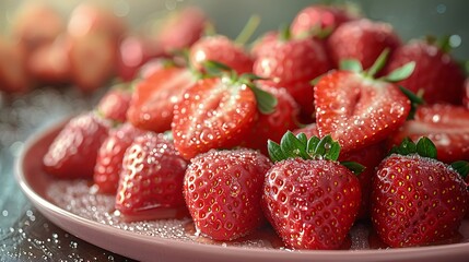 Fresh Strawberries on a Plate: A Close-Up View of Delicious, Juicy Red Fruit Covered in Sweet Crystals.