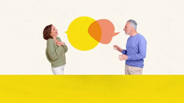 Creative poster motion collage video of two old man woman bubble speech chat