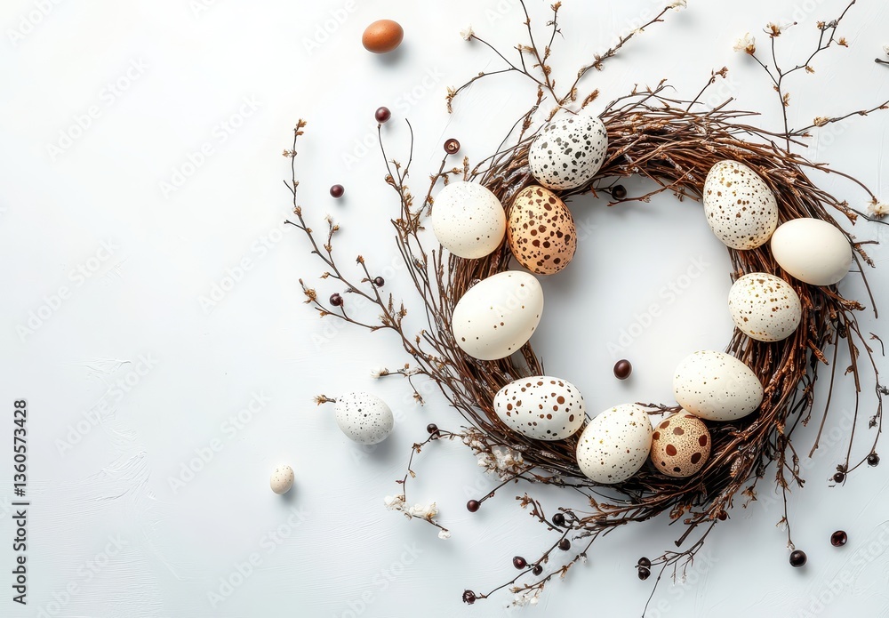 Poster natural easter eggs decorated with spots and patterns nestled in a rustic wreath surrounded by delic