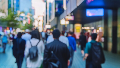 Hombres y mujeres de negocios con desenfoque de movimiento caminando por una calle ce una ciudad moderna con grandes edificios