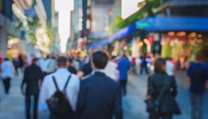 Hombres y mujeres de negocios con desenfoque de movimiento caminando por una calle ce una ciudad moderna con grandes edificios