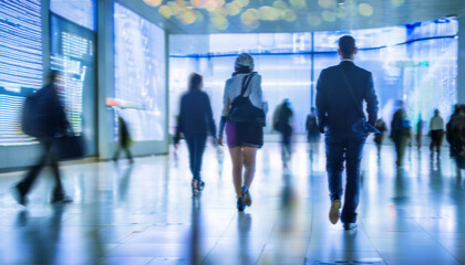 Hombres y mujeres caminando con desenfoque de movimiento por un pasillo de aeropuerto o estación en ambiente de luz clara azul
