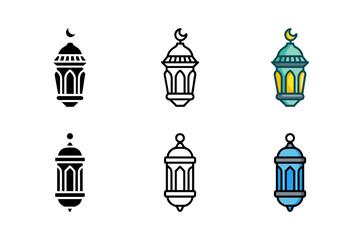 A decorative Ramadan lantern icon set in glyph line and color styles symbolizing light and hope during the holy month
