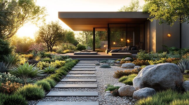 Modern eco friendly garden designed water efficient landscaping featuring rock formation drought tolerant succulent gravel pathway smart irrigation system golden hour sun highlight texture earthy tone