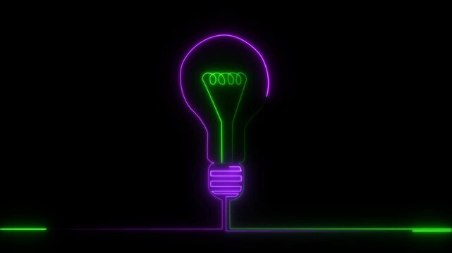 Glowing one line art idea inside light bulb icon. Electric light bulb shying animation.