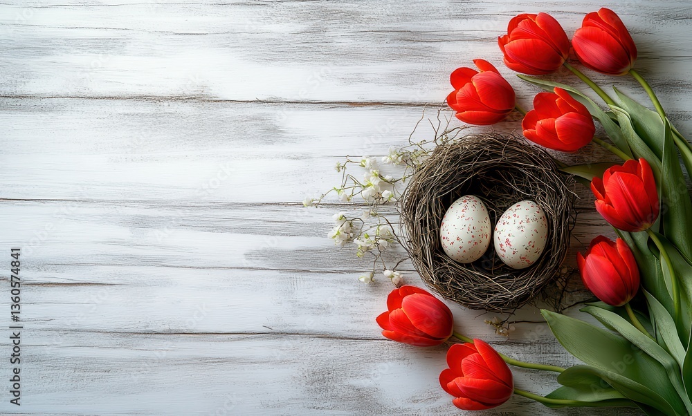 Poster nest with decorative eggs surrounded by red tulips on rustic wooden background for spring and easter
