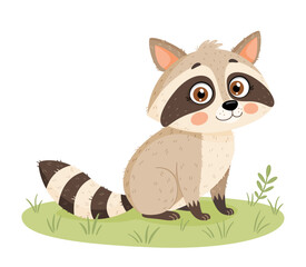 Cute raccoon wild animals cartoon character in a meadow with flowers. Hand drawn flat style isolated icon. Adorable pet funny raccoon. Perfect for poster, greeting card and childrens design