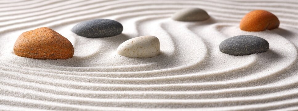 A Zen garden with white sand and colorful pebbles arranged in raked Japanese pattern, creating an atmosphere of calmness and meditation