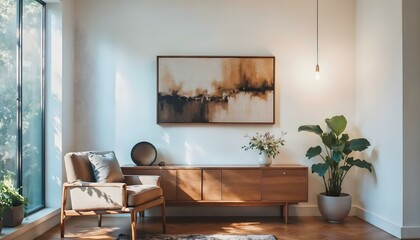 Vignette of a vintage wooden credenza with an abstract a painting hanging on the wall above with a floral arrangement in a rustic hand thrown vase