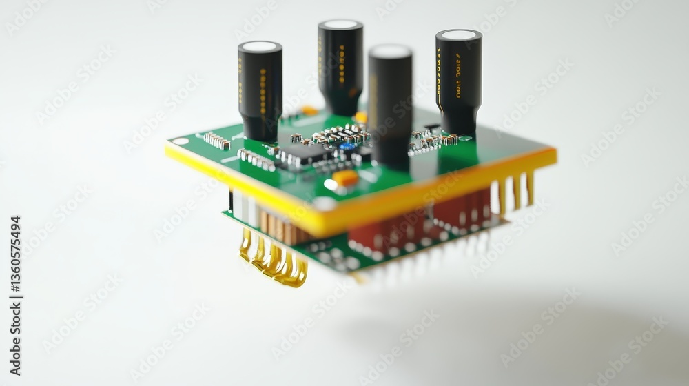 Poster an electronic circuit board with components floating over a surface