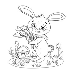 Cute Easter Bunny with flowers coloring page. Hand drawn line art style. Rabbit or hare picks flowers in a meadow, spring festive animal holiday character coloring book.