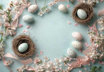 Obraz premium Pastel Easter Eggs Nestled in Natural Nests Surrounded by Delicate Flowers and Ribbons on a Soft Blue Background for Spring Celebrations and Festive Decor