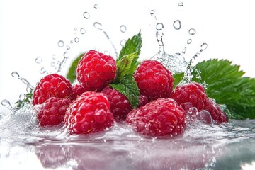Juicy Raspberries in Motion: A Photorealistic 4K Composition of Vibrant Red Berries with Dynamic Water Splashes