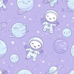 Cute seamless space-themed baby pattern featuring astronauts, planets, moons, and UFOs in soft blue and purple colors Generative AI