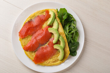 Homemade omelette served with avocado, salmon, arugula, spinach leaves, chard leaves for a breakfast on a white plate over light wooden background. Top view.