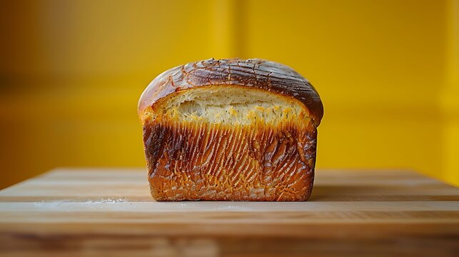 Freshly Baked Loaf: Golden Crust, Soft Interior - Artisan Bread on Wooden Board with Yellow Backdrop.