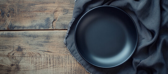 Empty bowl on table, black plate on wooden table and grey tablecloth, dark porcelain dish mockup