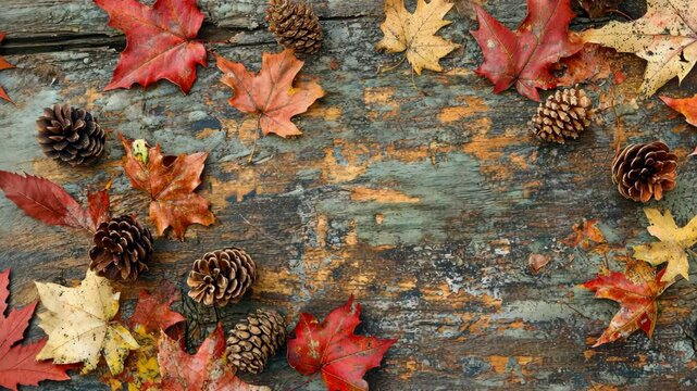Fall leaves and pine cones arranged on rustic wooden surface during autumn