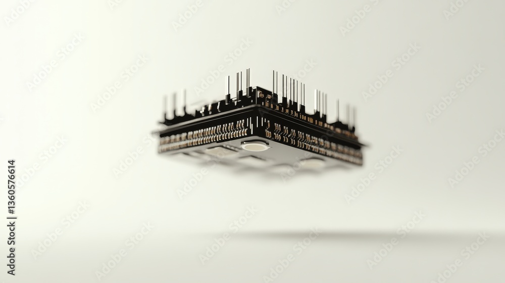 Poster floating black electronic computer processor on a white background surface