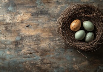 Rustic nest with colorful eggs on weathered wooden background, perfect for Easter and springtime themes, nature, and seasonal celebrations.