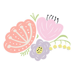 Cartoon wild flowers bouquet hand drawn illustration. Scandinavian style flat design, isolated vector. Meadow blossoms, wild florals, botanical element. Kids seasonal clip art, spring, summer print