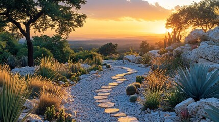 Stunning desert garden featuring variety of drought resistant plant like agave cactus flowering succulent Sand colored stone dry river bed complement scene under brilliant golden sunset Ultra